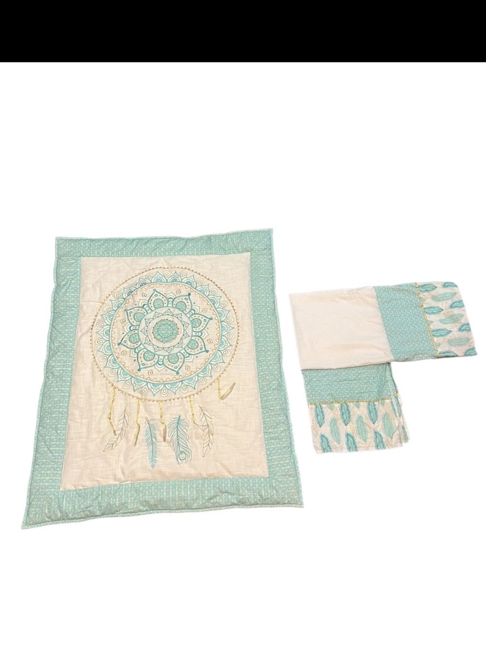 Levtex Aqua and Cream Little Feather Crib Comforter And Dust Ruffle/Skirt